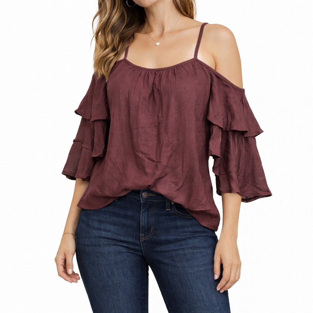 Stylus Envy Cold Shoulder Ruffle Top Burgundy L